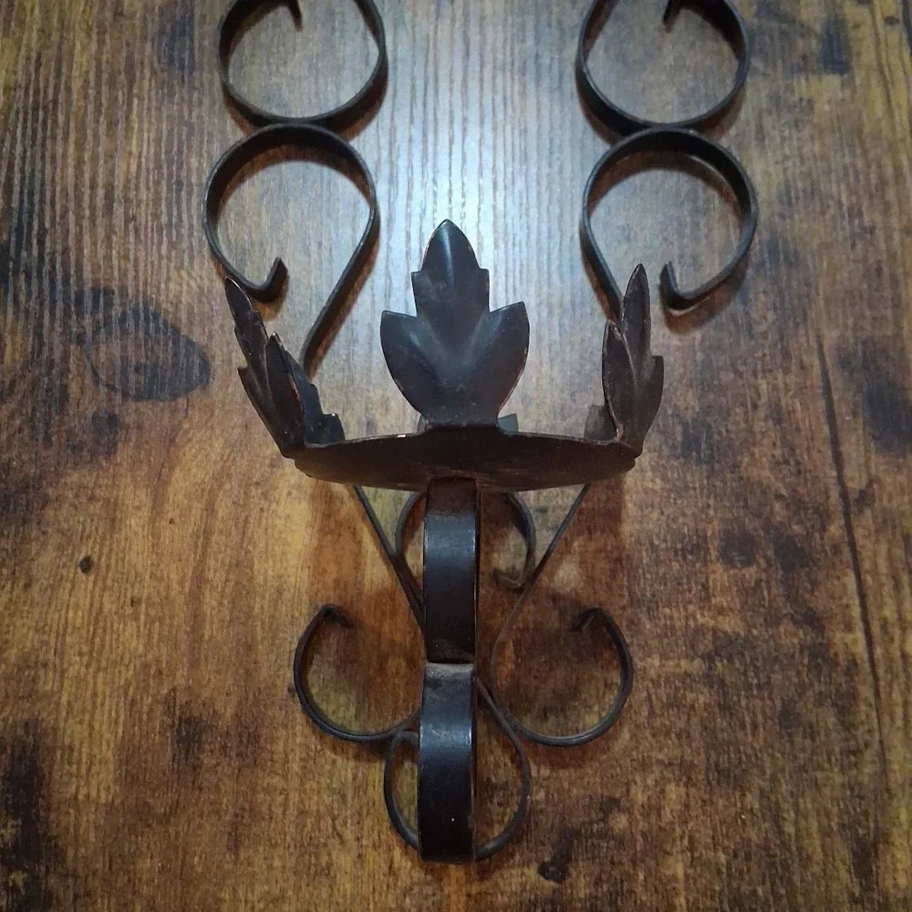 Vtg Gothic Wrought Iron Scroll Spanish Revival Wall Sconce Candleholders x2 READ